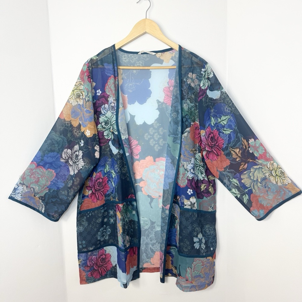 Soft Surroundings Blue Floral Renature Topper Kimono 2X Sheer Open Boho Layer